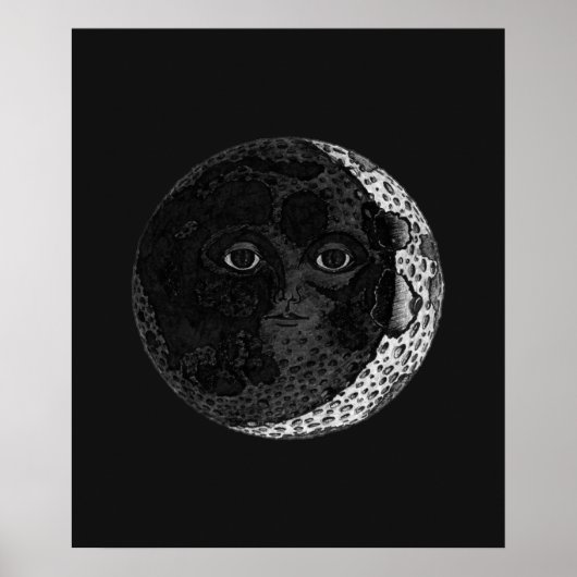 Moon Face Crescent Hand Drawn Ink Illustration ポスター (正面)
