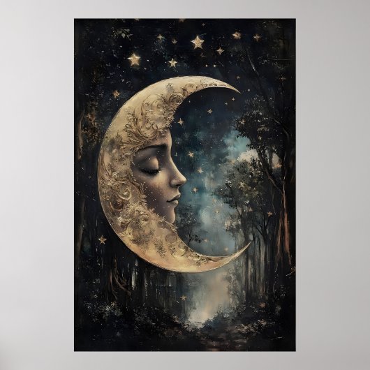 Moon Face In Forest Print, Gothic Witchy Poster ポスター (正面)
