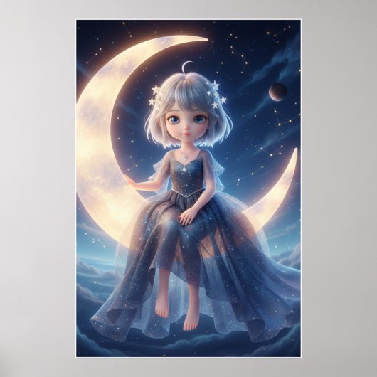 Moon Fairy Starry Night Art Poster ポスター (正面)
