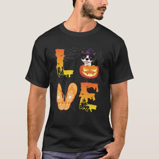 Moon Flip Flop Spider Pumpkin Boston Terrier LOVE Tシャツ (正面)