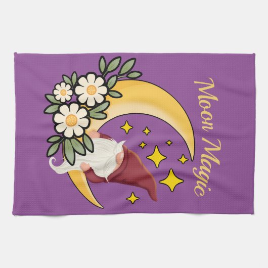 Moon Magic Cute Gnome on Crescent Moon Floral  キッチンタオル (横)