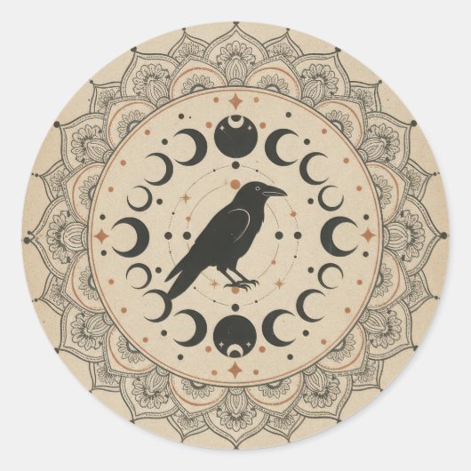 Moon Phase Raven Mandala ラウンドシール (正面)