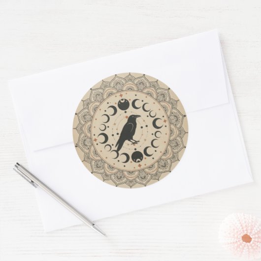 Moon Phase Raven Mandala ラウンドシール (封筒)