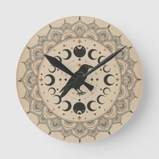 Moon Phase Raven Mandala ラウンド壁時計 (正面)