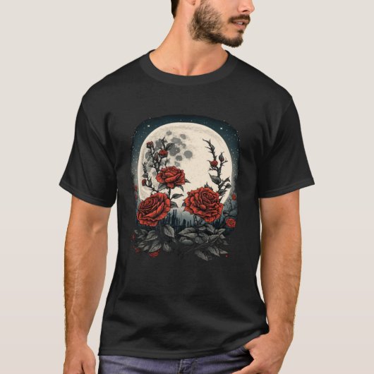 Moon Red Roses Flowers Floral Botanist Gardener Tシャツ (正面)