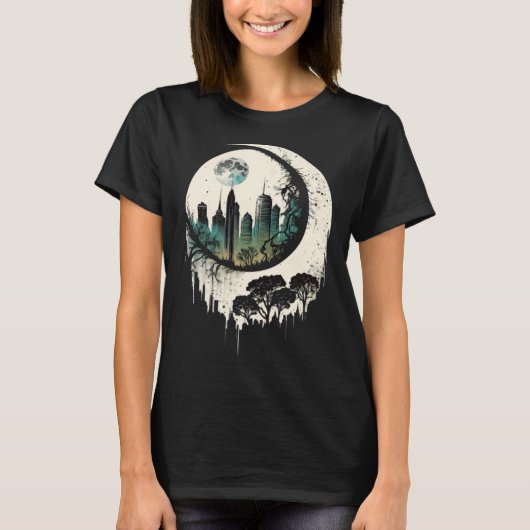 Moon Skyline City By Night Crescent Moon Aesthetic Tシャツ (正面)