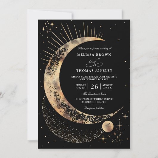 Moon Starry Night Boho Budget QR Code Wedding 招待状 (正面)