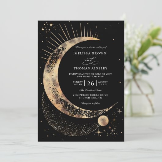 Moon Starry Night Boho Budget QR Code Wedding 招待状 (スタンド正面)