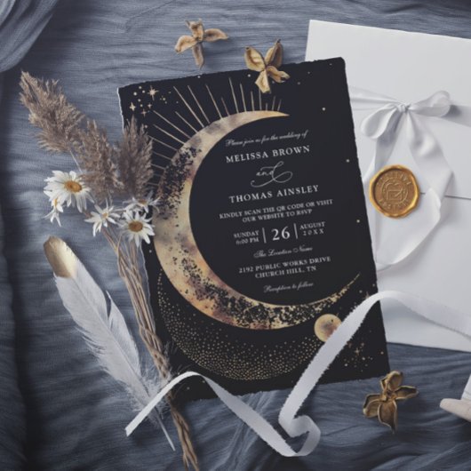 Moon Starry Night Boho Budget QR Code Wedding 招待状