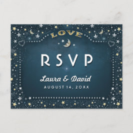 Moon & Starsティール(緑がかった色)金ゴールド&ホワイトマッチングRSVP インビテーションポストカード