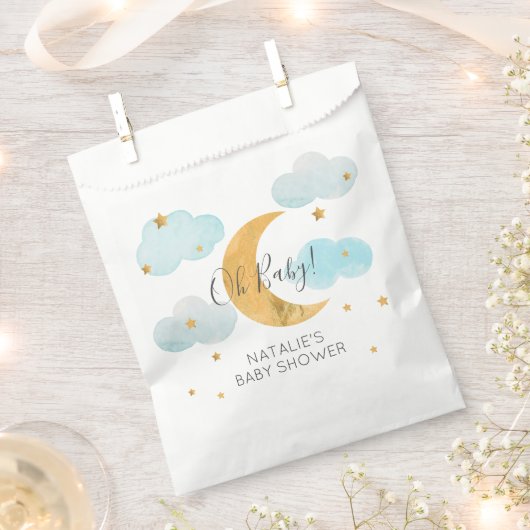 Moon & Stars Baby Shower Blue Clouds paper bag フェイバーバッグ (クリップ留めされた状態)