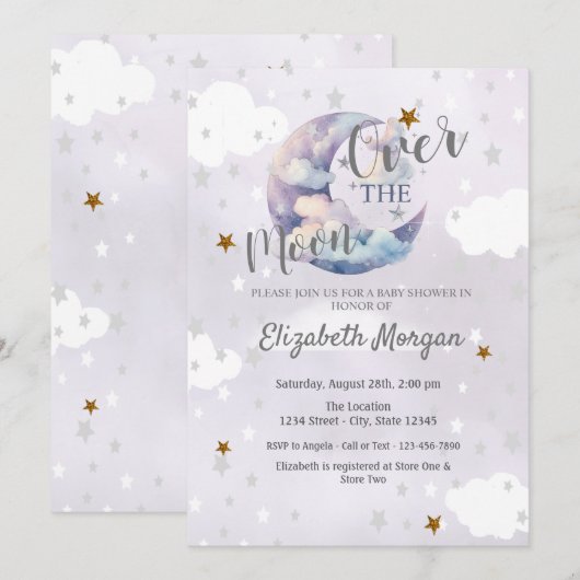 Moon Stars & Clouds Lavender Baby Shower  招待状 (正面/裏面)