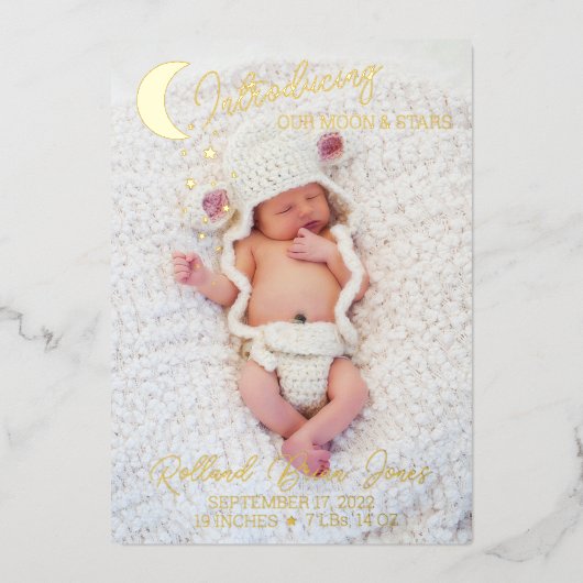 Moon & Stars Gold Foil Photo Birth Announcement 箔招待状 (正面)