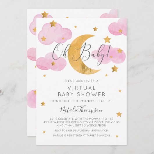 Moon & Stars Pink Virtual Baby Shower Inv 招待状 (正面/裏面)
