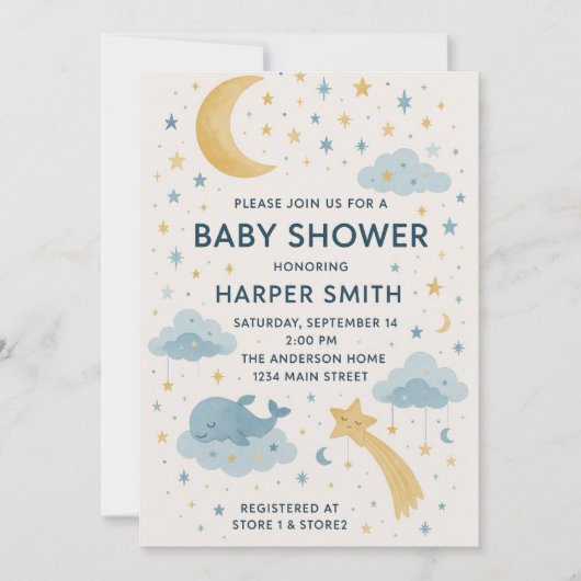 Moon, Stars & Whimsical Sky Celestial Baby Shower 招待状 (正面)