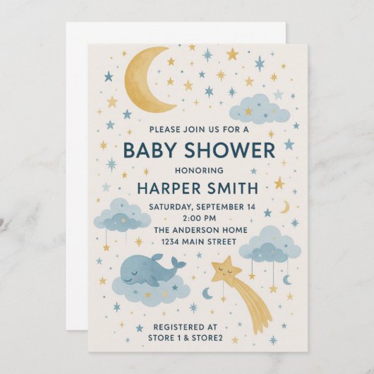 Moon, Stars & Whimsical Sky Celestial Baby Shower 招待状 (正面/裏面)