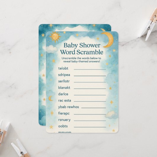 Moon, Stars & Whimsical Word Scramble Baby Shower 招待状 (正面/裏面インサイチュ)