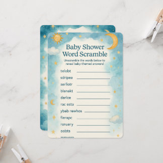 Moon, Stars & Whimsical Word Scramble Baby Shower 招待状
