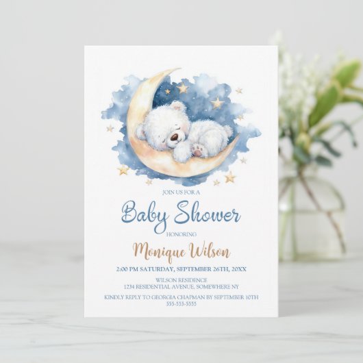 Moon Teddy Bear Baby Shower Invitation 招待状 (スタンド正面)