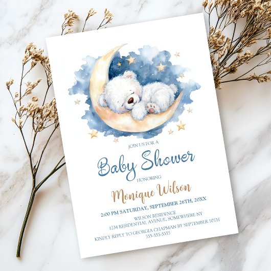 Moon Teddy Bear Baby Shower Invitation 招待状