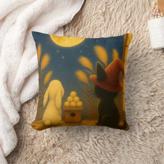 Moon Viewing Night – Black Cat and Rabbit under th クッション (ブランケット)