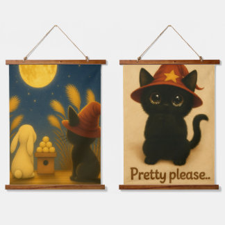 Moon Viewing Night – Black Cat and Rabbit under th 吊り下げ型タペストリー