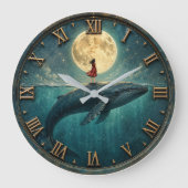 Moon Whale Fantasy Nautical Ocean Dream Coastal Be ラージ壁時計 (正面)