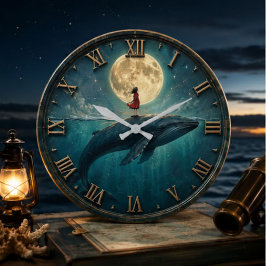 Moon Whale Fantasy Nautical Ocean Dream Coastal Be ラージ壁時計