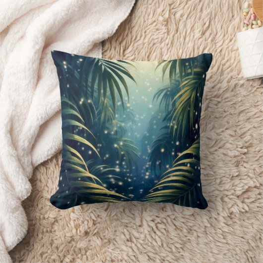 Moonbeam painted palm leaves and fireflies クッション (ブランケット)