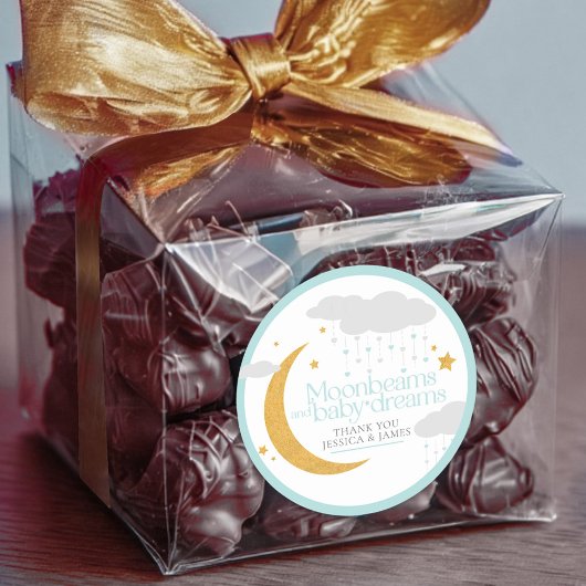 Moonbeams and baby dreams baby shower blue ラウンドシール