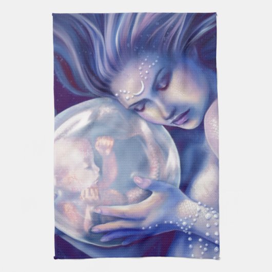 Moonborn -人魚およびベビー キッチンタオル (縦)