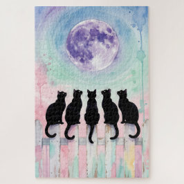 Moonlight Cats Puzzle – Five Black Cats Watercolor ジグソーパズル