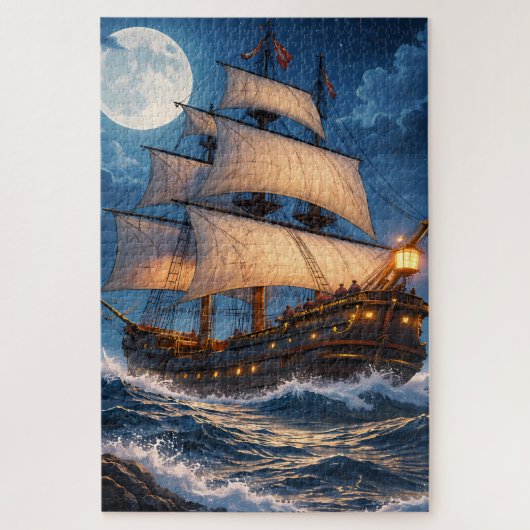 Moonlight Ship Puzzle – Ocean Night Jigsaw ジグソーパズル (縦)