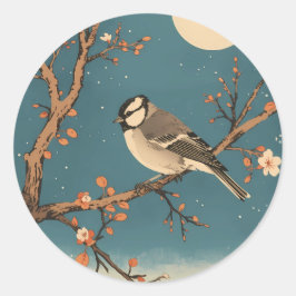 Moonlit Bird on Blossom Branch Stickers ラウンドシール