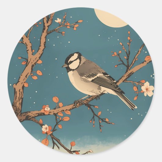 Moonlit Bird on Blossom Branch Stickers ラウンドシール (正面)