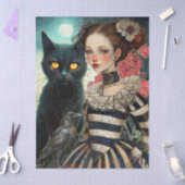 Moonlit Black Cat Goth Girl & Raven Decoupage 薄葉紙 (クラフト)