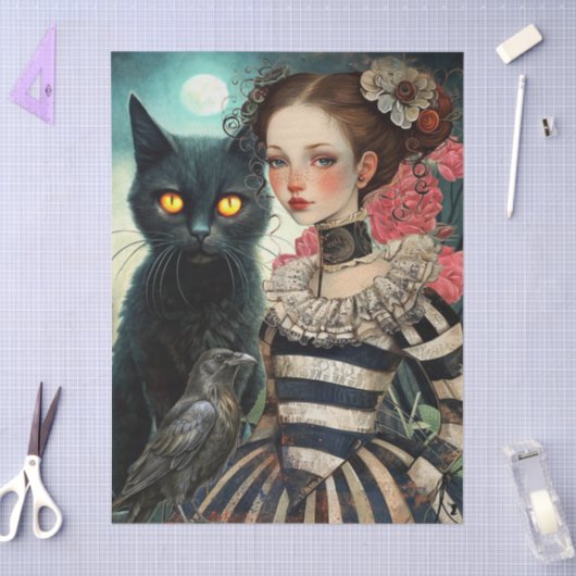Moonlit Black Cat Goth Girl & Raven Decoupage 薄葉紙 (クラフト)