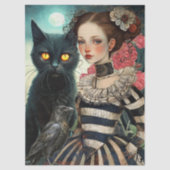 Moonlit Black Cat Goth Girl & Raven Decoupage 薄葉紙 (正面)
