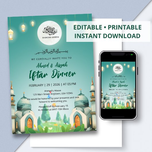 Moonlit Blue Mosque Ramadan Iftar Invitation 招待状