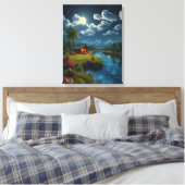 Moonlit Cabin by the River – Nature Wall Art. キャンバスプリント (インサイチュ (寝室))