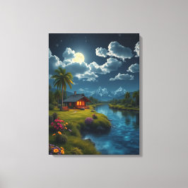 Moonlit Cabin by the River – Nature Wall Art.  キャンバスプリント