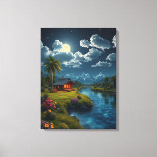 Moonlit Cabin by the River – Nature Wall Art.  キャンバスプリント