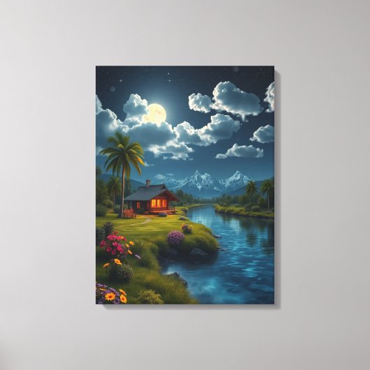 Moonlit Cabin by the River – Nature Wall Art. キャンバスプリント (正面)