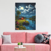 Moonlit Cabin by the River – Nature Wall Art. キャンバスプリント (インサイチュ (リビング))