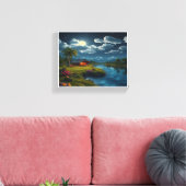 Moonlit Cabin by the River – Nature Wall Art キャンバスプリント (インサイチュ (リビング))