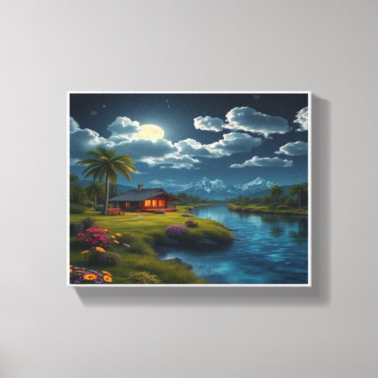 Moonlit Cabin by the River – Nature Wall Art キャンバスプリント (正面)