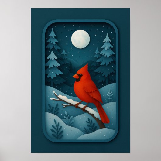 Moonlit Cardinal in Winter Forest ポスター (正面)
