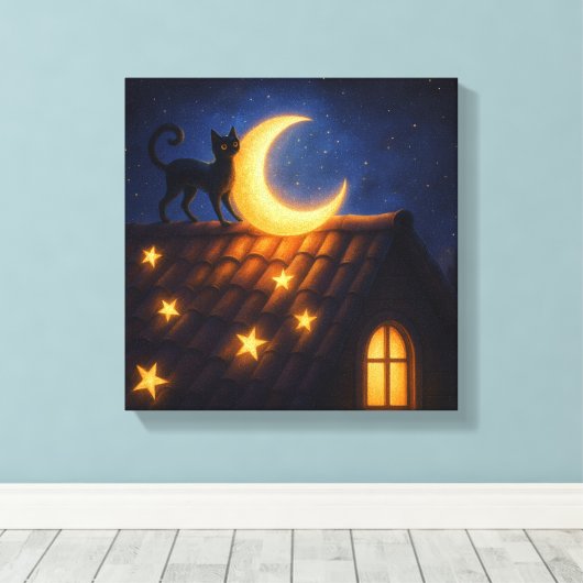 Moonlit Cat on Starry Rooftop キャンバスプリント (インサイチュ (ウッドフロア))