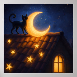 Moonlit Cat on Starry Rooftop ポスター
