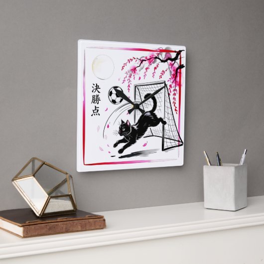 Moonlit Cherry Blossom Cat Soccer For Japanese Hom スクエア壁時計 (オフィス)